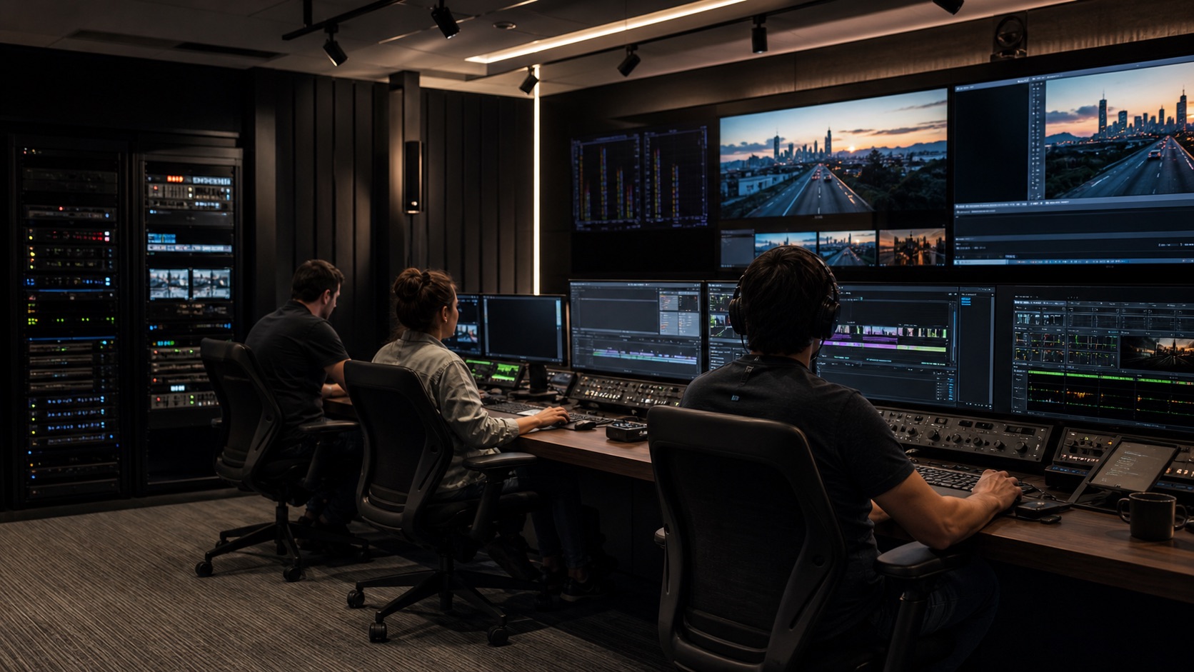 Broadcast operations team monitoring a channel wall